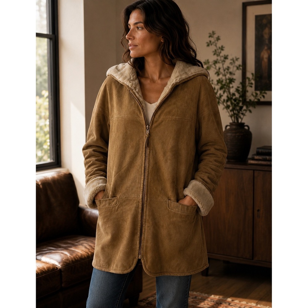Winlit New York Reversible Genuine Leather Suede Faux Fur Hooded Coat Tan Medium - Picture 11 of 11